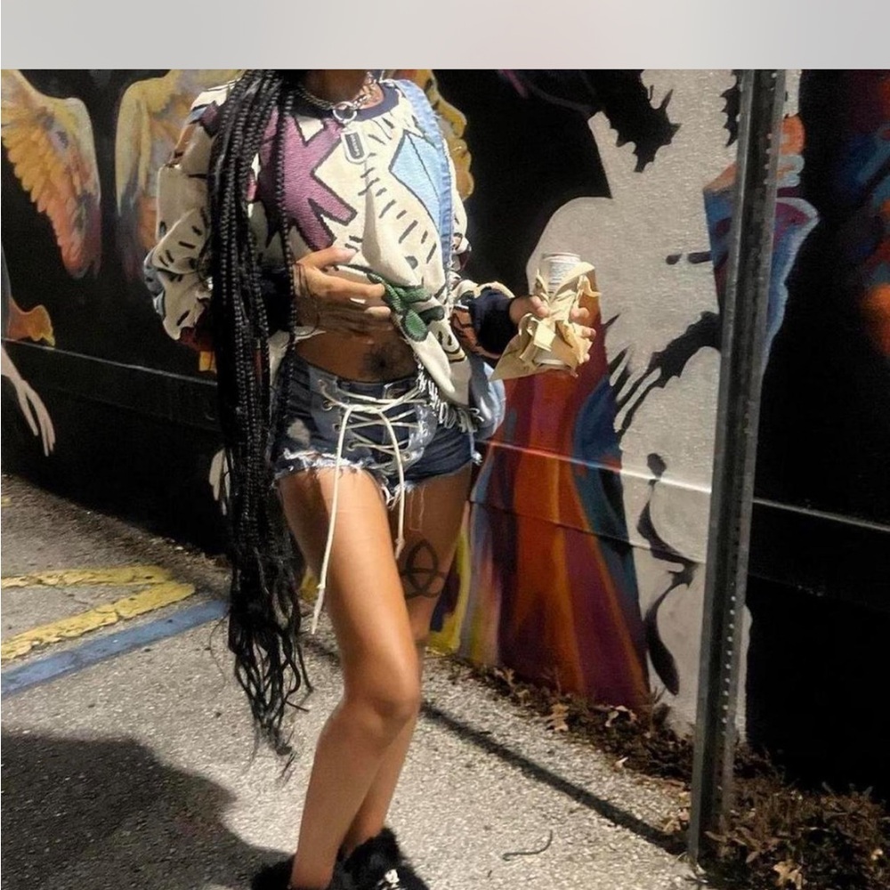 Colorful Graphic Sweater and Denim Shorts